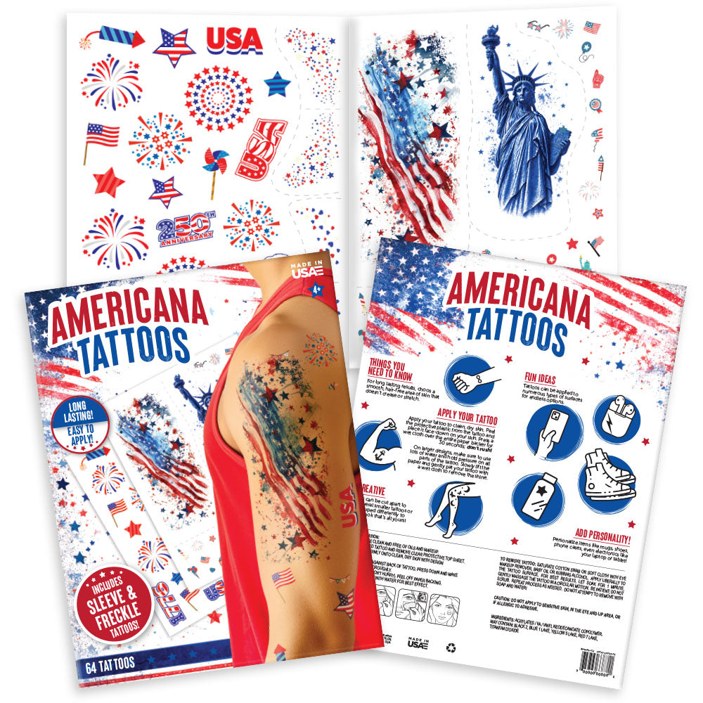 American-themed tattoos with designs of the Statue of Liberty, American flags, and fireworks on a white background.
