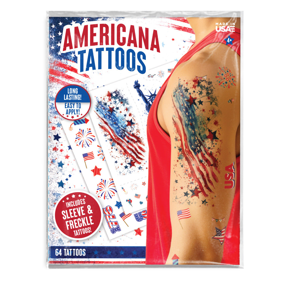 Pack of Americana tattoos with American flag design on a white background
