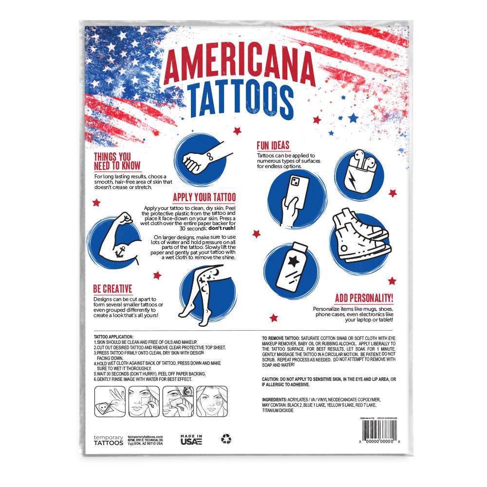 Back of a tattoo packaging with Americana Tattoos branding and instructions.