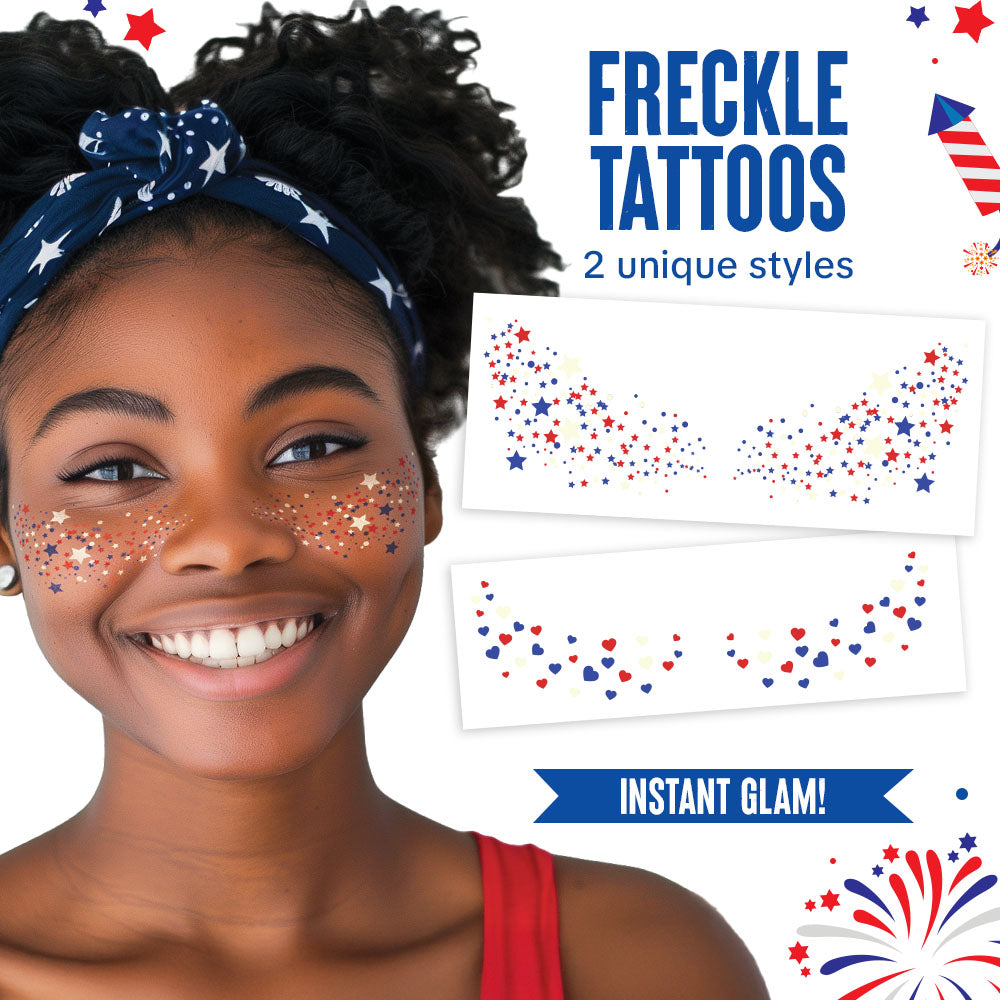 Woman with patriotic freckle tattoos on her face, with product packaging and branding elements.