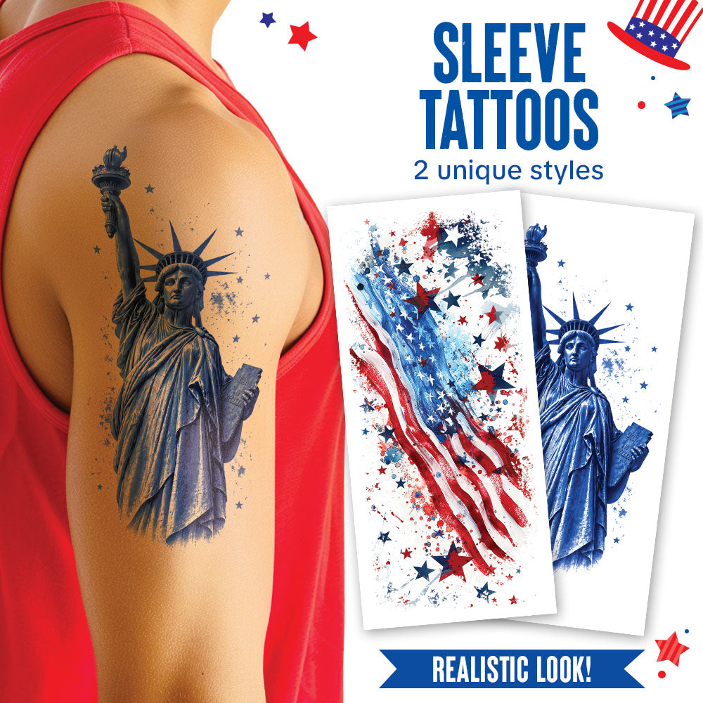 Tattoo sleeve with Statue of Liberty design and American flag, with a person wearing a red tank top.