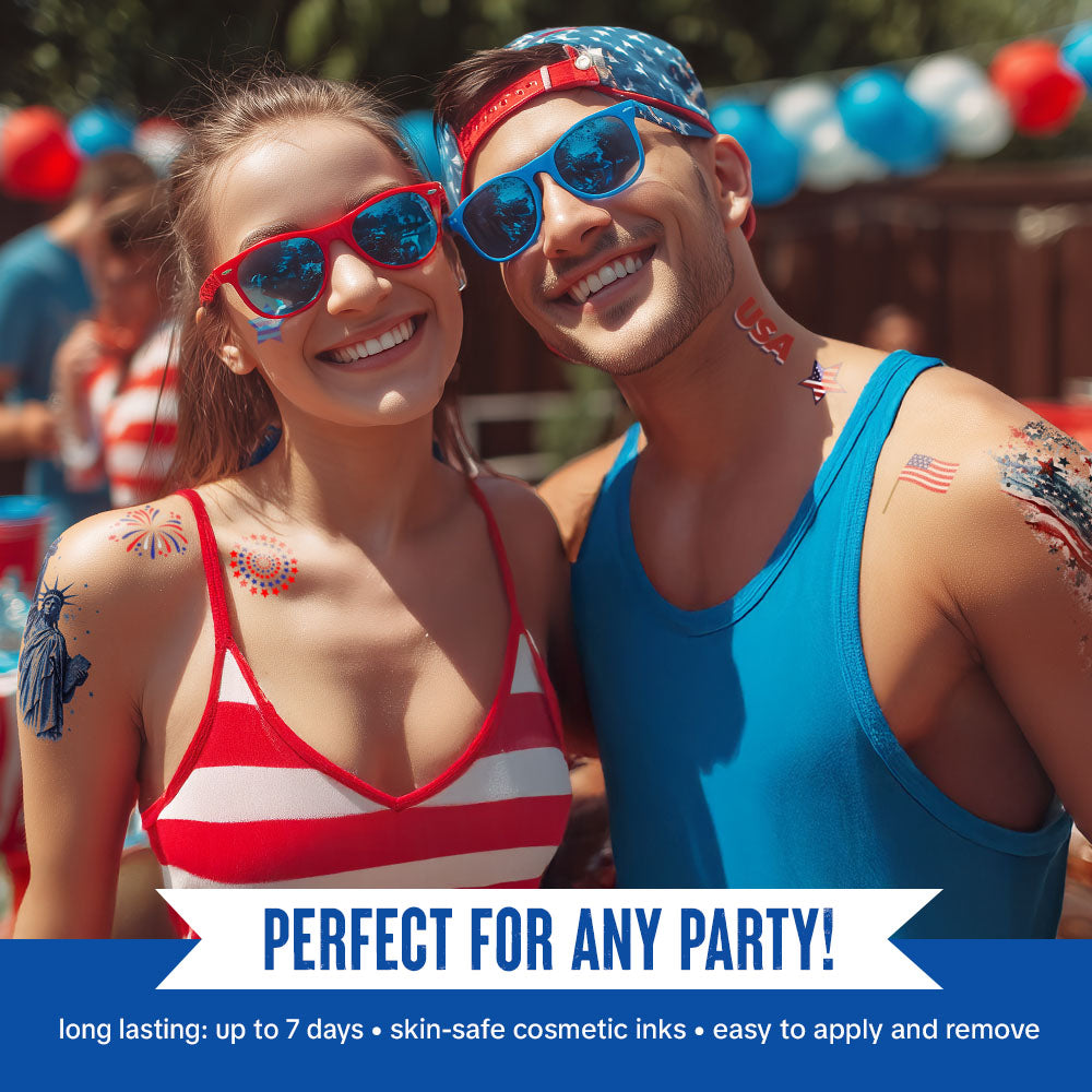 Two people with patriotic tattoos and sunglasses at a party, with text about temporary tattoos.