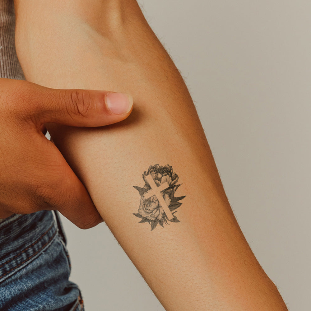 Hand Drawn Floral Cross Tattoo